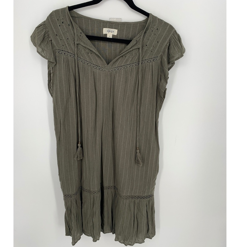 Style & Co Olive Green Embroidered Peasant Dress Small Cotton Blend Lined NWOT